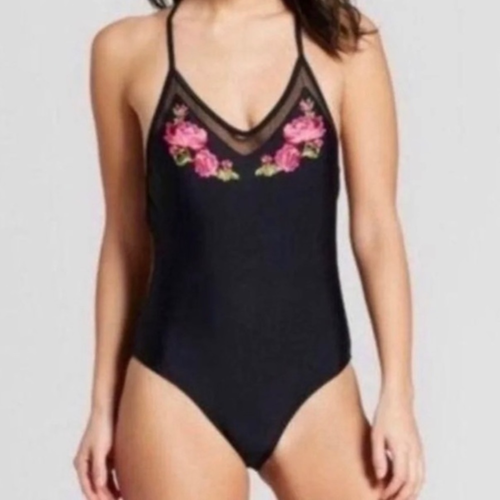 Xhilaration Embroidered One Piece Swimsuit Black Cross Back Mesh Floral S - Picture 2 of 10